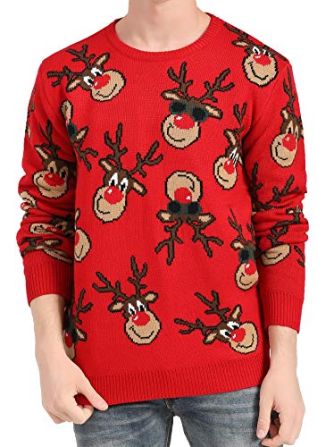 v28 Men's Christmas Reindeer Snowman Penguin Santa and Snowflake Sweater (X-Large, Rotatedeerfaces-red)