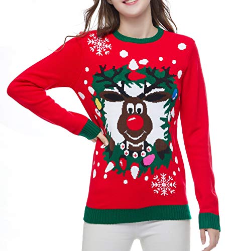 v28 Women's Patterns Reindeer Snowman Tree Snowflakes Christmas Sweater Cardigan (Large, Deer&Window)