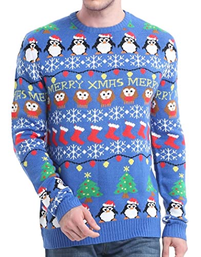 Men's Christmas Reindeer Snowman Santa Snowflakes Sweater (Large, Striped Blue)