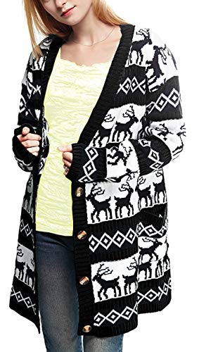 v28 Womens Oversized Christmas Reindeer Cardigan (Large, Black2ReindeerCardigan)