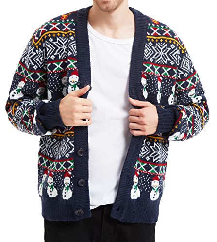 Men's Christmas Holiday Reindeer Snowman Santa Snowflakes Traditional Knitted Ugly Sweater (Large, RndCardi-Blck-M21)