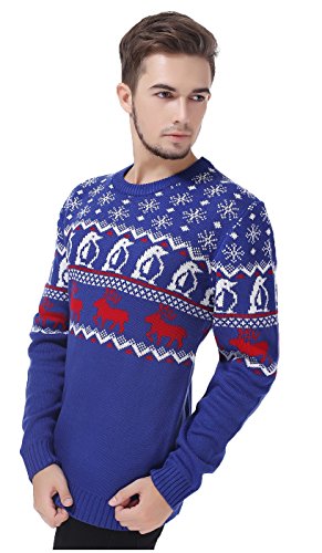 V28 Men's Christmas Reindeer Snowman Penguin Santa and Snowflake Sweater (XX-Large, Penguins&Deers)