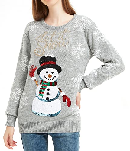 Women's Christmas Reindeer Traditional Knitted Holiday Ugly Sweater Girl Pullover Cardigan (Large, SequinSnwmn-F7)