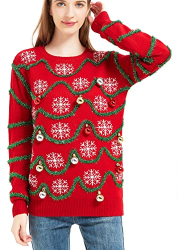 Women's Christmas Reindeer Traditional Knitted Holiday Ugly Sweater Girl Pullover Cardigan (Large, TinselSnwflkered-F10)