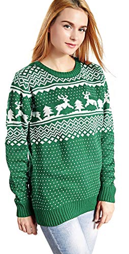 v28 Women's Patterns Reindeer Snowman Tree Snowflakes Christmas Sweater Cardigan (Large, Deer&Tree-Green)