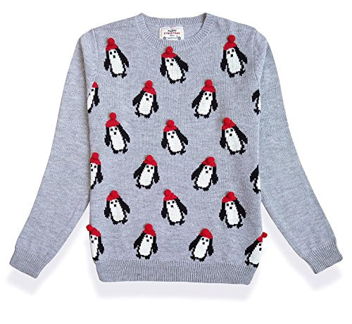 Women's Christmas Cute Reindeer Snowflakes Knitted Sweater Girl Pullover (Large, Penguin3D)