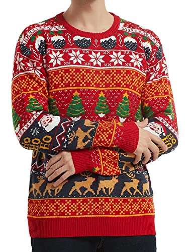 Men's Christmas Rudolph Reindeer Holiday Festive Knitted Sweater Cardigan Cute Ugly Pullover Jumper(Large, Orngsntfactree-M7)