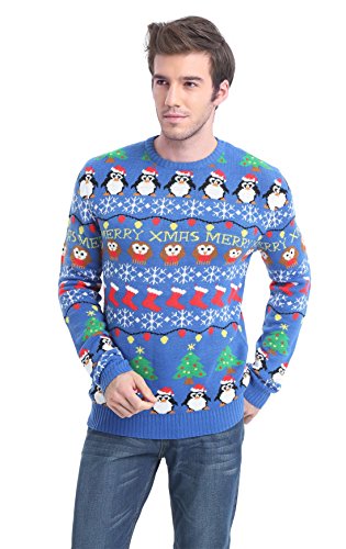 Men's Christmas Reindeer Snowman Santa Snowflakes Sweater (Large, Striped Blue)