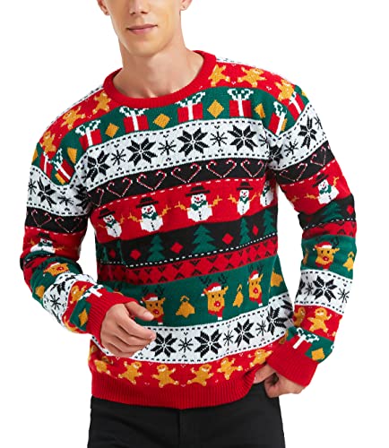 Men's Christmas Holiday Reindeer Snowman Santa Snowflakes Traditional Knitted Ugly Sweater (Large, FairIsle-red-M19)