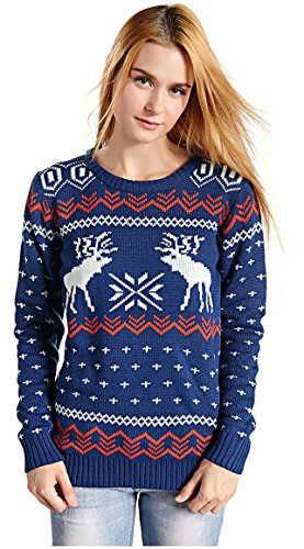 CHRISTMAS Sweater / Cardigan, with Various Lovely Patterns of Reindeer / Snowman / Snowflakes / Tree (L, Deer&Snowflake-Blue)