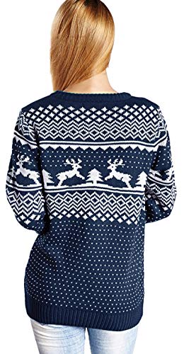 v28 Women's Patterns Reindeer Snowman Tree Snowflakes Christmas Sweater Cardigan, Long Sleeve (Large, Deer&Tree-Blue)