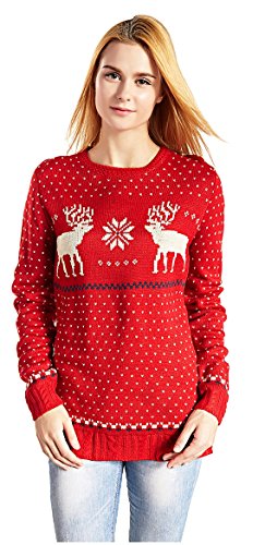 V28 Women's Christmas Reindeer Snowflakes Sweater Pullover (Tag L (US size 10), Red-B)