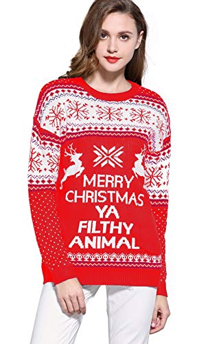 V28 Women's Christmas Reindeer Snowflakes Sweater Pullover (Tag L (US size 10), Red-PairedRD)