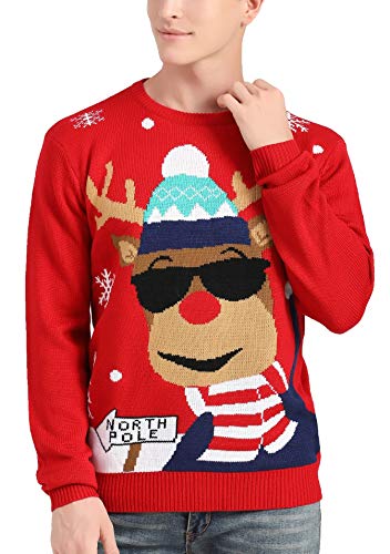 v28 Men's Christmas Reindeer Snowman Penguin Santa and Snowflake Sweater (XXX-Large, NrthPoleDeer)