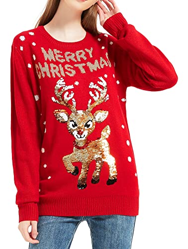 Women's Christmas Reindeer Traditional Knitted Holiday Ugly Sweater Girl Pullover Cardigan (Large, SequinRndr-F9)