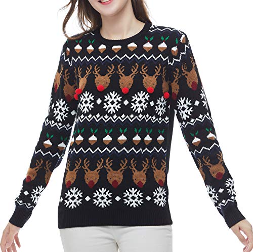 v28 Women's Patterns Reindeer Snowman Tree Snowflakes Christmas Sweater Cardigan, Long Sleeve (Large, Deer&FlakesDessert-Black)