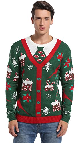 Men's Christmas Festive Cardigan Reindeer Snowman Santa Snowflakes Knitted Ugly Sweater (Large, Fake Cardigan)