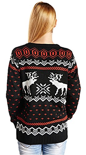 CHRISTMAS Sweater / Cardigan, with Various Lovely Patterns of Reindeer / Snowman / Snowflakes / Tree (L, Deer&Snowflake-Black)