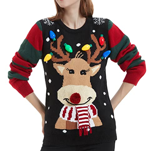 Women's Christmas Reindeer Traditional Knitted Holiday Ugly Sweater Girl Pullover Cardigan (Large, 231-Reindeer-black)