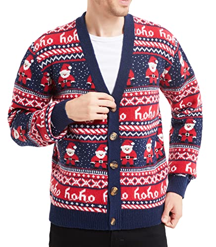 Daisyboutique Men's Christmas Rudolph Reindeer Holiday Sweater Cardigan Cute Ugly Pullover, Color Name: Santa-Print-Cardigan