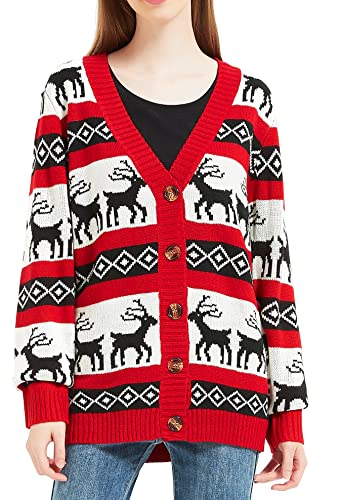 Women's Christmas Reindeer Traditional Knitted Holiday Ugly Sweater Girl Pullover Cardigan (Large, RndrCardi-F1)