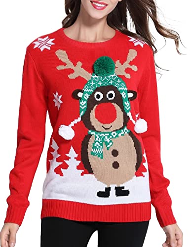 *daisysboutique* Women's Christmas Reindeer Themed Knitted Holiday Sweater Girl Pullover (Large, Warm)