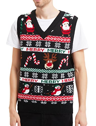 Men's Christmas Holiday Reindeer Snowman Santa Snowflakes Traditional Knitted Ugly Sweater (Large, Vest-Blck-M22)