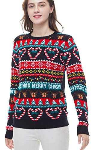 v28 Women's Patterns Reindeer Snowman Tree Snowflakes Christmas Sweater Cardigan (Large, Deer&lovecane)