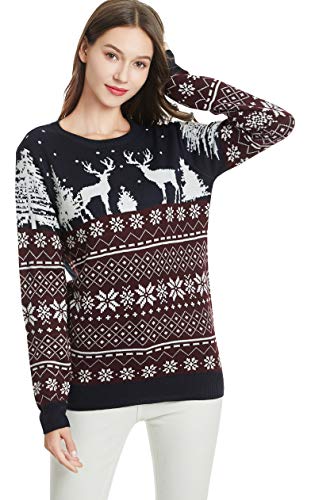 *daisysboutique* Women's Christmas Reindeer Themed Knitted Holiday Sweater Girl Pullover (Large, 2reindeerfs)