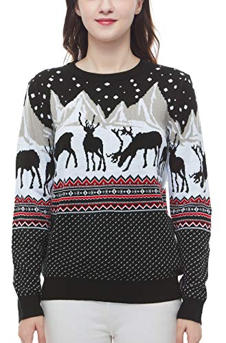 v28 Women's Patterns Reindeer Snowman Tree Snowflakes Christmas Sweater Cardigan (Large, Deer&Mountains)