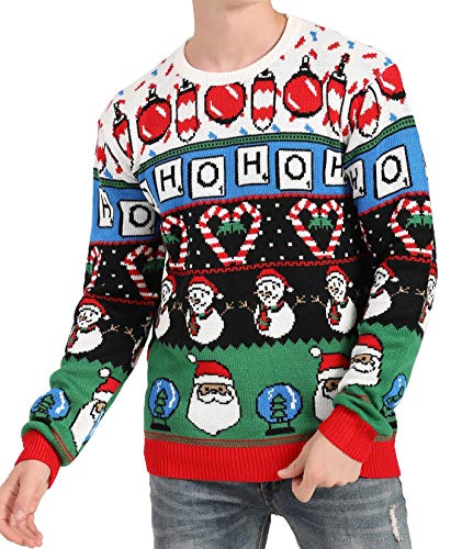 v28 Men's Christmas Reindeer Snowman Penguin Santa and Snowflake Sweater (XX-Large, Love-Cane-Snowman)