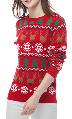 v28 Women's Patterns Reindeer Snowman Tree Snowflakes Christmas Sweater Cardigan,Long Sleeve (Large, Deer&Tree-Flakes)