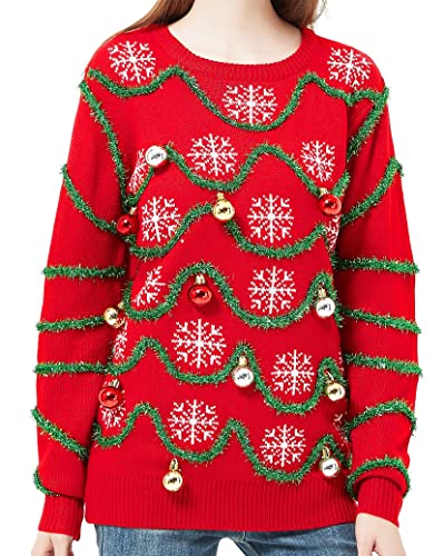 Women's Christmas Reindeer Traditional Knitted Holiday Ugly Sweater Girl Pullover Cardigan (Large, TinselSnwflkered-F10)