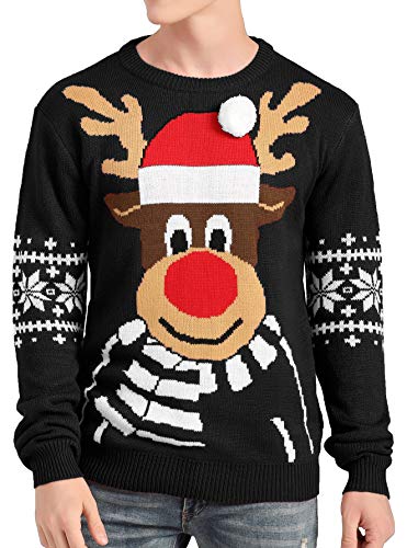 v28 Men's Christmas Reindeer Snowman Penguin Santa and Snowflake Sweater, Color Name: Deerftb-Black