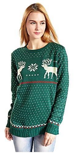 V28 Women's Christmas Reindeer Snowflakes Sweater Pullover (Tag L (US size 10), Green-B)