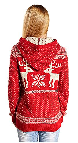 Women's Patterns of Reindeer Snowman Tree Snowflakes Christmas Sweater Cardigan (L, Long Sleeve, Red with Hood)