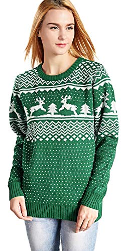 v28 Women's Patterns Reindeer Snowman Tree Snowflakes Christmas Sweater Cardigan (Large, Deer&Tree-Green)