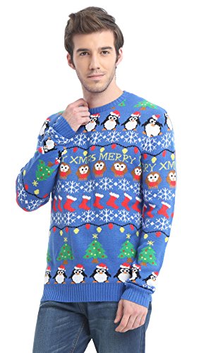 Men's Christmas Reindeer Snowman Santa Snowflakes Sweater (Large, Striped Blue)