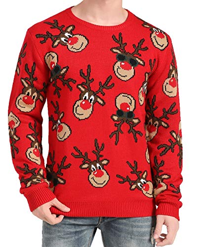 v28 Men's Christmas Reindeer Snowman Penguin Santa and Snowflake Sweater (X-Large, Rotatedeerfaces-red)