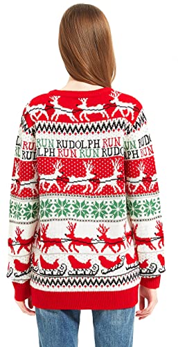 Women's Christmas Reindeer Traditional Knitted Holiday Ugly Sweater Girl Pullover Cardigan (Large, RndrSlgh-F3)