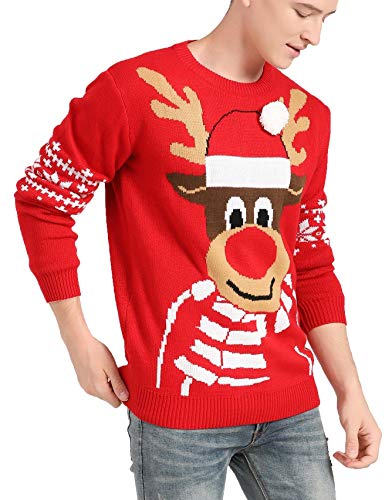 v28 Men's Christmas Reindeer Snowman Penguin Santa and Snowflake Sweater, Color Name: Deerftb-red