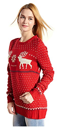 V28 Women's Christmas Reindeer Snowflakes Sweater Pullover (Tag L (US size 10), Red-B)