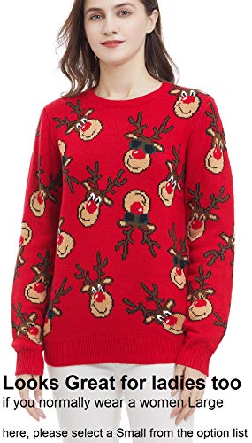 v28 Men's Christmas Reindeer Snowman Penguin Santa and Snowflake Sweater (X-Large, Rotatedeerfaces-red)