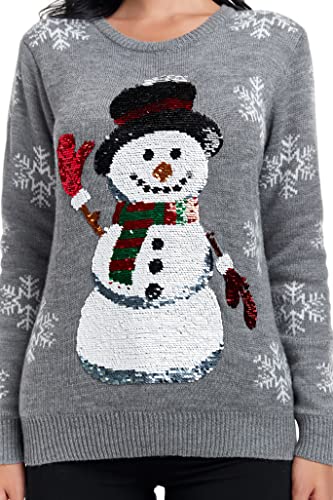 Women's Christmas Reindeer Traditional Knitted Holiday Ugly Sweater Girl Pullover Cardigan (Large, BigSequinSnwmn)