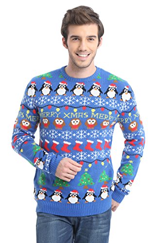 Men's Christmas Reindeer Snowman Santa Snowflakes Sweater (Large, Striped Blue)