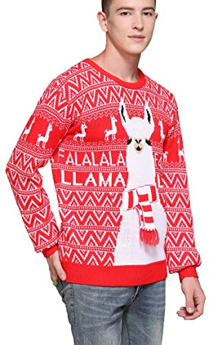 Men's Christmas Rudolph Reindeer Holiday Festive Knitted Sweater Cardigan Cute Ugly Pullover Jumper (Large, Llama)