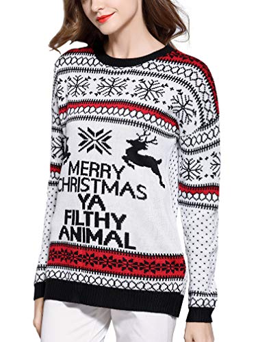 V28 Women's Christmas Reindeer Snowflakes Sweater Pullover (Tag L (US size 10), Cream-PairedRD)