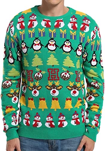 Men's Christmas Festive Cardigan Reindeer Snowman Santa Snowflakes Knitted Ugly Sweater (Large, Big Smile - Black)