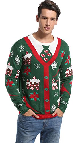 Men's Christmas Festive Cardigan Reindeer Snowman Santa Snowflakes Knitted Ugly Sweater (Large, Fake Cardigan)