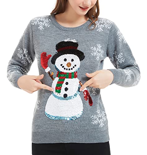 Women's Christmas Reindeer Traditional Knitted Holiday Ugly Sweater Girl Pullover Cardigan (Large, BigSequinSnwmn)